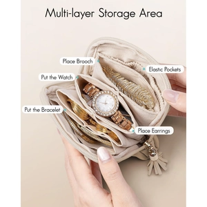 Dettaglio dell'organizzatore gioielli multistrato con tasche elastiche e nappina