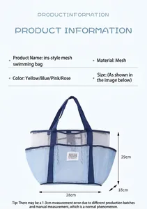 Mesh swim bag detail with 28x29x18cm dimensions and blue mesh material structure