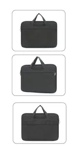 Detailed front and back views of a black laptop briefcase with a luggage strap for travel