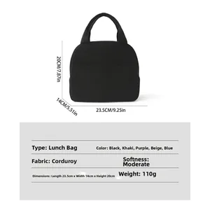 Sac à lunch en velours côtelé 23,5x14x20cm pesant 110g sur un schéma de dimensions