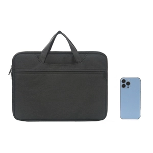 Minimalist black laptop briefcase with reinforced handles and front zipper pocket