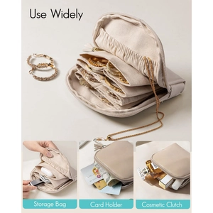 Organizzatore minimalista in pelle beige con cerniera, nappa e tasche interne multistrato