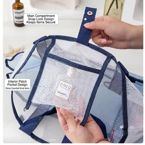 Blaue Mesh-Strandtasche mit großem Hauptfach, Innentasche und Druckknopfverschluss
