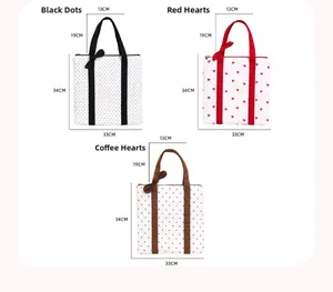 Detailed size dimensions for quilted heart and polka dot tote bags with ribbon bows