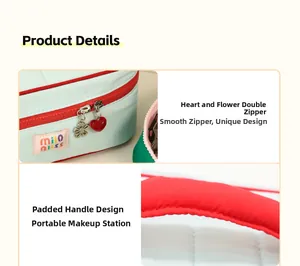 Detail of red heart zipper pullers and padded handle on blue waterproof makeup bag