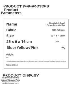 Size guide for mesh flower makeup bag showing dimensions 25x6x16cm and material info