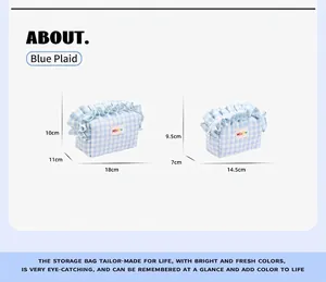 Detalles del neceser de cuadros azules con dimensiones para bolsas grandes y medianas de tela