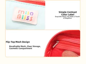 Macro detail of the contrast zipper and mesh interior of this macaron makeup bag