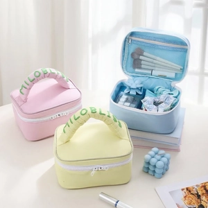 Quilted Nylon Makeup Bag Portable Large Capacity Cosmetic Organizer Travel Toiletries Padded Double Zipper Macaron Color Korean Style