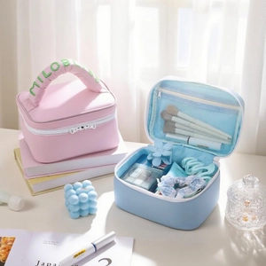 Pink and blue macaron cosmetic bags with handle and inner mesh organizer storage