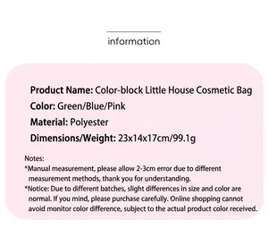Detailed size specifications and material info for the house-shaped makeup storage bag