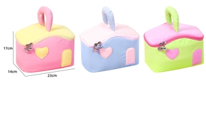 Three house-shaped polyester makeup bags in macaron colors with heart zipper details