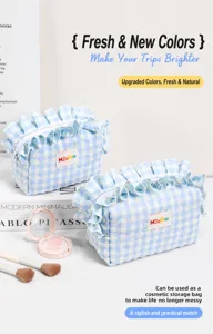 Detail of light blue checkered makeup bag with ruffled edges and brand logo patch