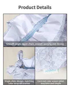 Dettaglio della borsa nuvola jacquard azzurra con cerniera scorrevole ed etichetta del marchio