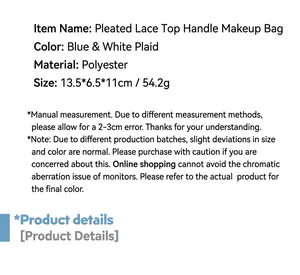 Specifications of blue and white plaid pleated makeup bag with detailed size and material