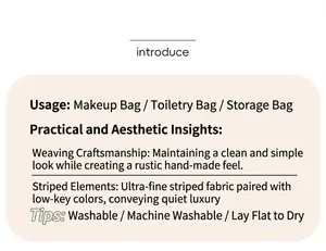 Detail of woven cosmetic bag features fine striped fabric and machine washable instructions