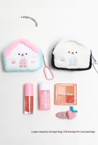 Detail showing plush house-shaped pouch storing lipsticks, palette, and skincare items