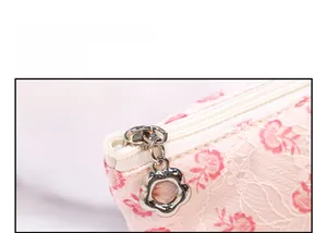 Detail of floral mesh makeup bag with silver flower zipper and lace texture