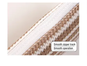 Close-up of the smooth white zipper and detailed striped weave on the woven makeup bag