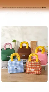 Detail of insulated lunch bags with aluminum foil lining and colorful checkered patterns