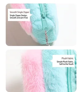 Detail of pink and mint plush coin purse featuring smooth zipper and soft faux fur texture