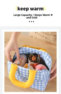 Detail showing high-capacity insulated lunch bag with blue and white plaid and yellow handles