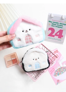 Detail of creative house-shaped plush coin purse with cute embroidery and metal hook