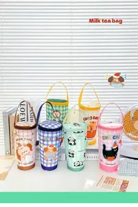 Ins cartoon milk tea cup bag with aluminum foil insulation and straw hole detail