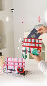 Detail of three-layer striped travel organizer bag with zipper compartments for passports