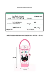 Pink checkered insulated cup bag with black cat and strawberry pattern details