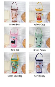 Detailed view of six cartoon thermal cup bags with diverse animal patterns and carry straps