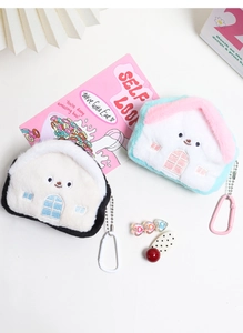 Detailed plush house-shaped coin pouches with fine embroidery and metal chain clips