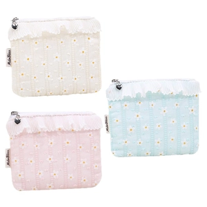 Floral makeup pouch with lace trim and heart zipper in white, pink and blue cotton