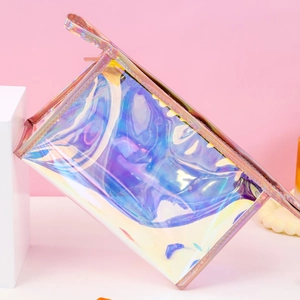Borsa da trucco in PVC trasparente iridescente, impermeabile con effetto olografico