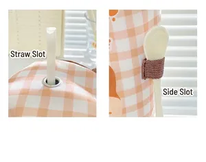 Detail of insulated bag with straw hole and side pocket for utensils in orange grid