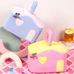 Cute house-shaped polyester cosmetic bag with colorful heart details and zip closure
