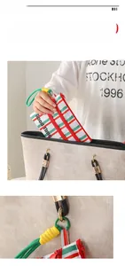Detail of compact striped travel document organizer bag with lanyard and zipper closure