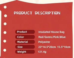 Spezifikationen für hausförmige Isoliertaschen in Rot, Grün, Rosa und Blau