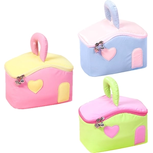 Polyester house-shaped makeup bags with puffer texture and heart zipper charms