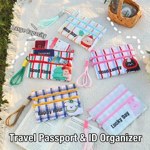 Cute cartoon passport holder with multi-layer zipper and portable lanyard for travel