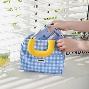 Blue and white checkered insulated lunch bag with yellow handles for office and school