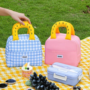 Plaid insulated lunch bag with portable handle for office workers and students