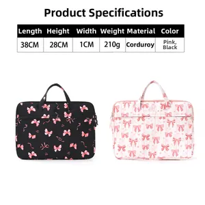 Detailed size specifications for bow-knot laptop sleeve showing 38x28x1cm dimensions