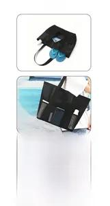 Multi-pocket black mesh beach bag showing organized storage of shoes and skincare items