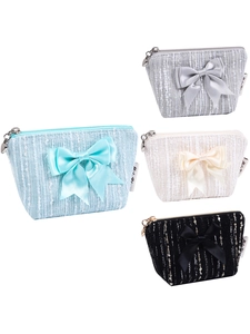 Mini tweed bow coin purses in white, blue, and black colors with elegant satin ribbons