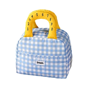 Blue and white plaid lunch bag with yellow numerical handles and Dream label