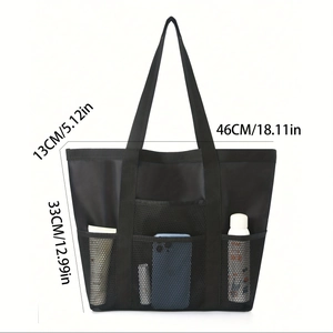 Mesh beach bag dimensions 46x33x13cm showing multiple storage pockets for organization