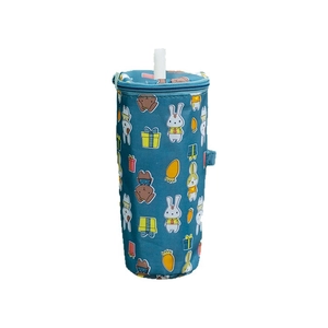 Insulated portable cup sleeve with cute blue cartoon animal print and zipper closure