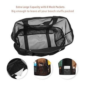 Macro view of mesh beach bag featuring eight side pockets for organized outdoor storage