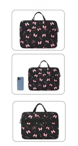 Black laptop bag with pink bows showing front view, size comparison, and trolley strap